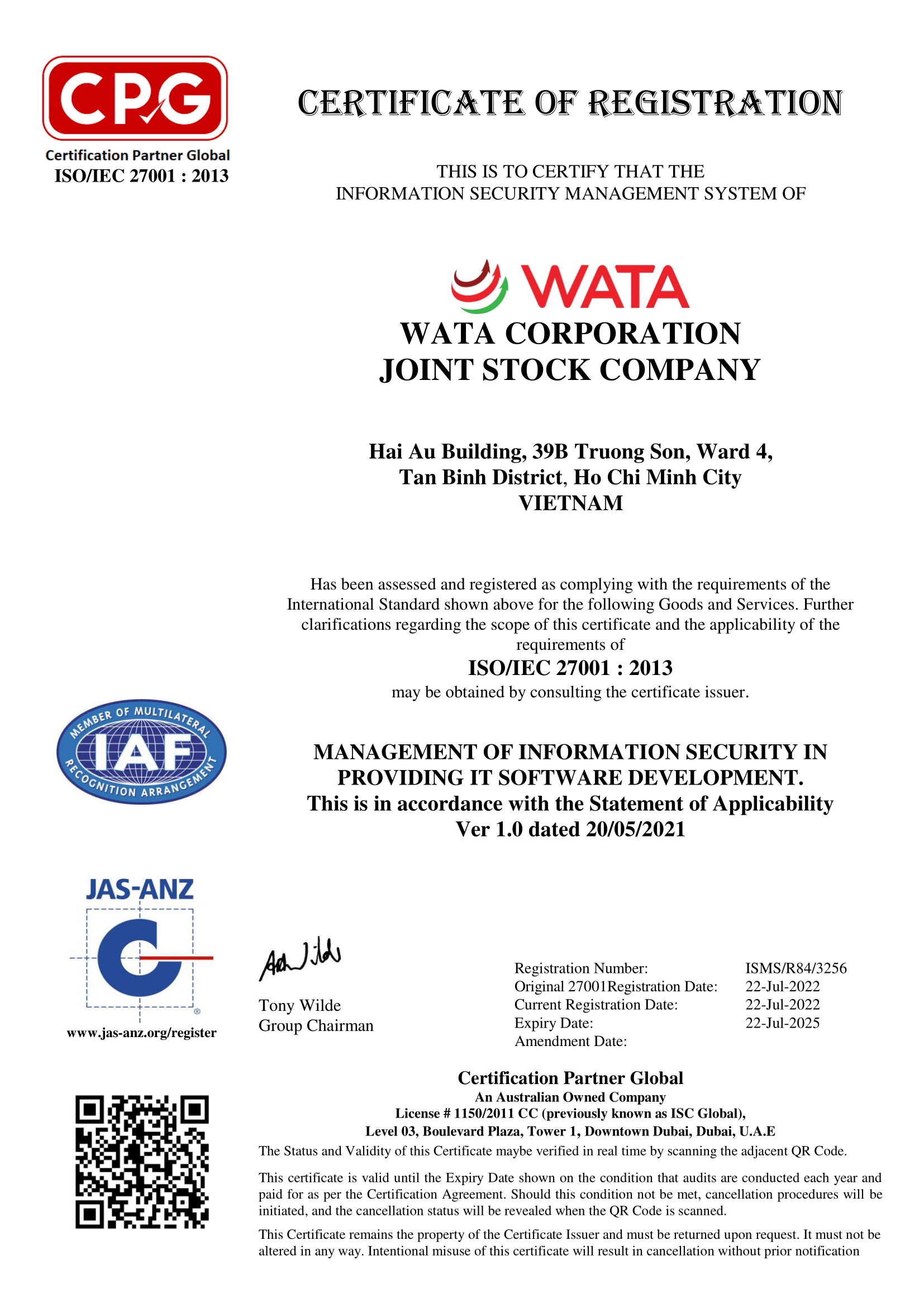 WATA successfully achieved ISO/IEC 27001:2013 certification